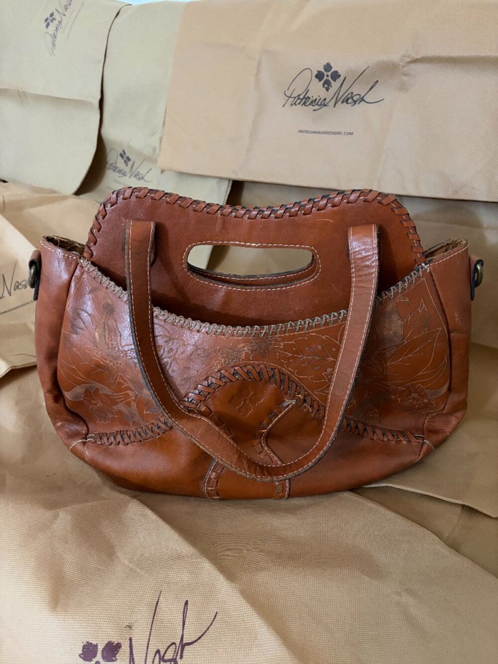 Patricia Nash Moretto Leather Shopper Tote Bag Tooled Floral Tan